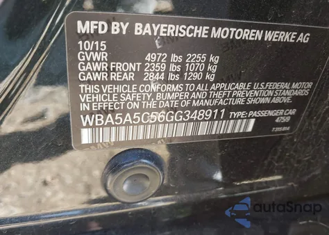 2016 BMW 528I из США, поврежденный, VIN WBA5A5C56GG348911